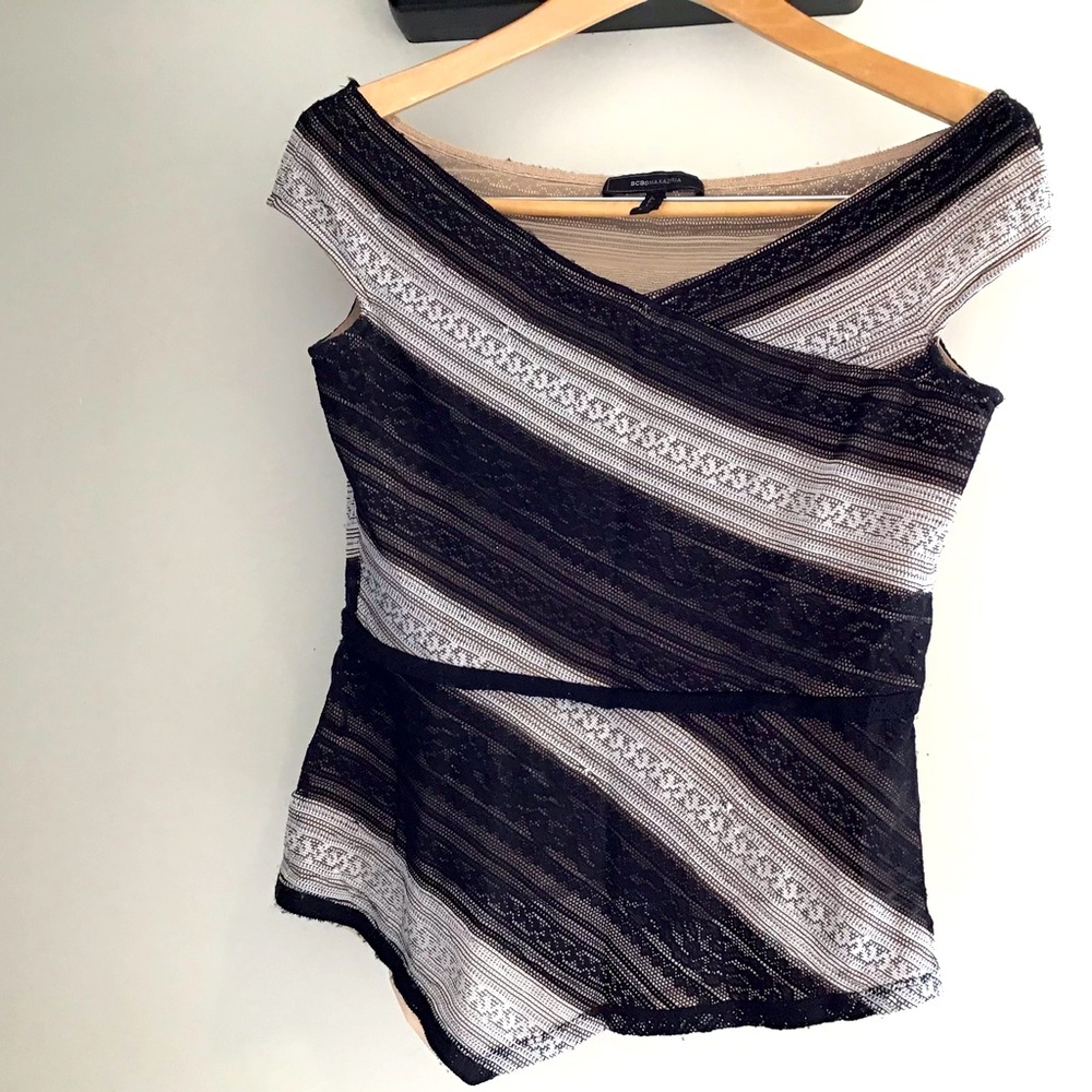 BCBG Asymmetrical Knit Top, black & white